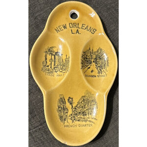 Vintage Yellow Ceramic 3 Spoon Rest Wall Hanging New Orleans Souvenir
